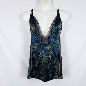 Victoria's Secret Satin Slip Dress Womens L Tropical Sheer Lace Deep V Sexy